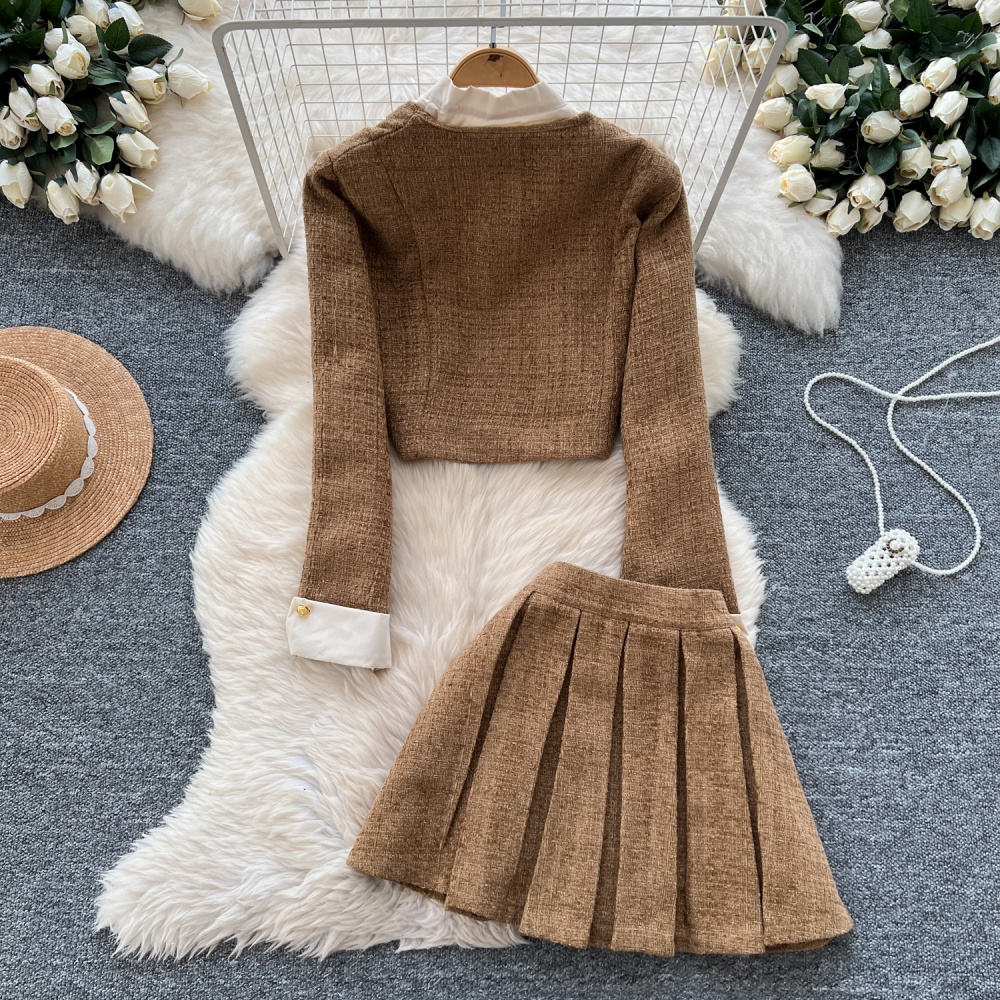 Pleated college style coat Pseudo-two skirt a set