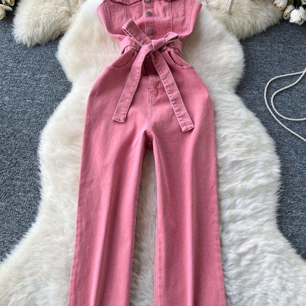 Retro pinched waist jeans metal buckles slim jumpsuit