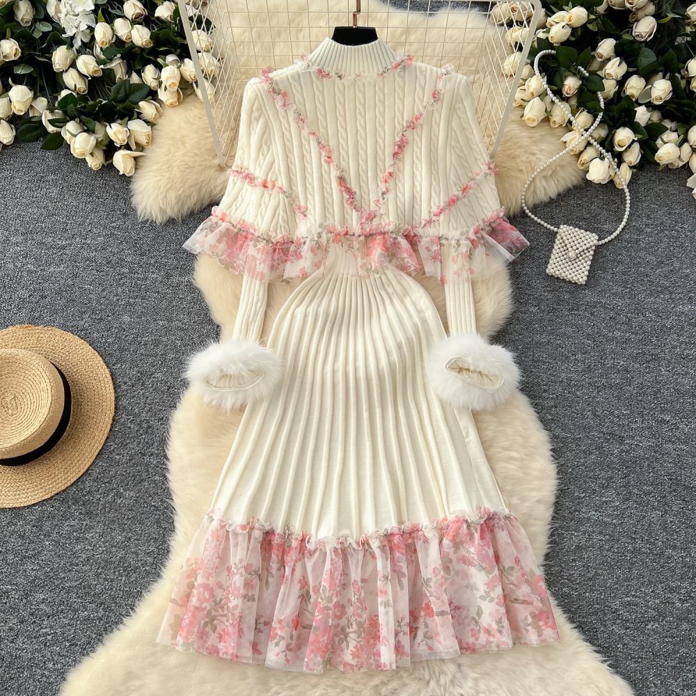 Lace pinched waist cloak tender splice dress 2pcs set