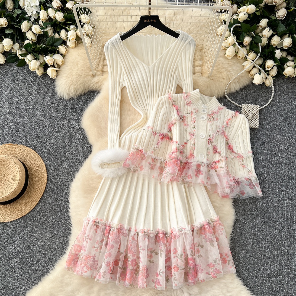 Lace pinched waist cloak tender splice dress 2pcs set