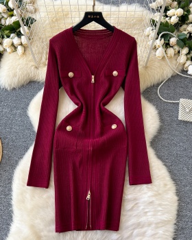 Sexy bottoming pinched waist sweater dress zip V-neck dress