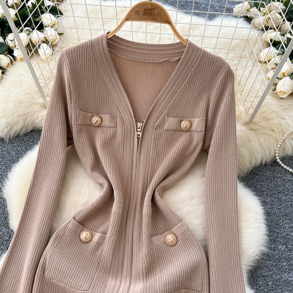 Sexy bottoming pinched waist sweater dress zip V-neck dress