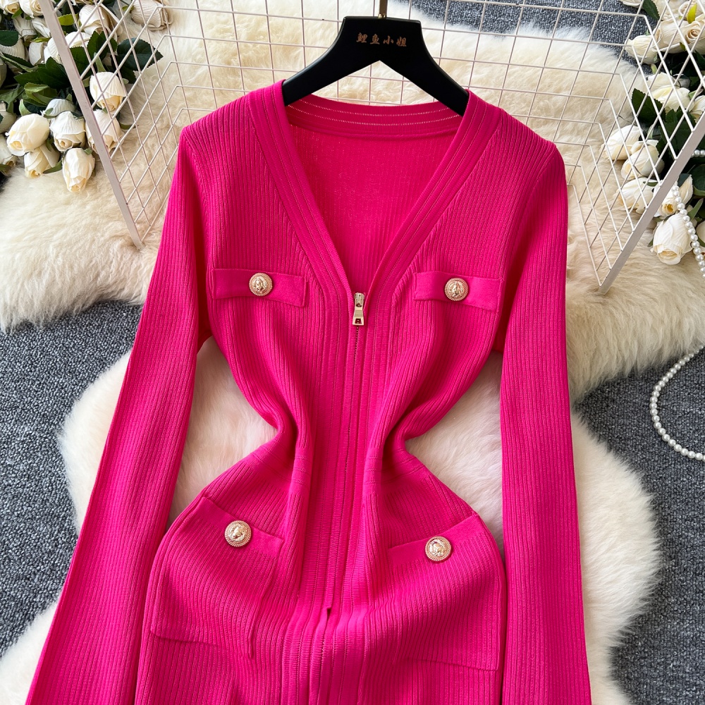 Sexy bottoming pinched waist sweater dress zip V-neck dress