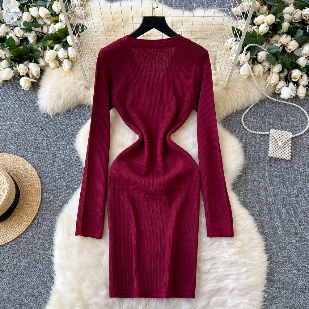 Sexy bottoming pinched waist sweater dress zip V-neck dress