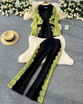 Mixed colors coat long sleeve suit pants a set for women