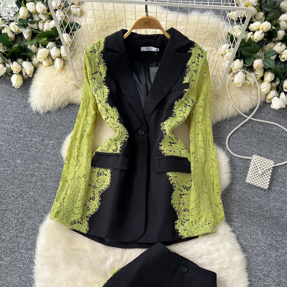 Mixed colors coat long sleeve suit pants a set for women