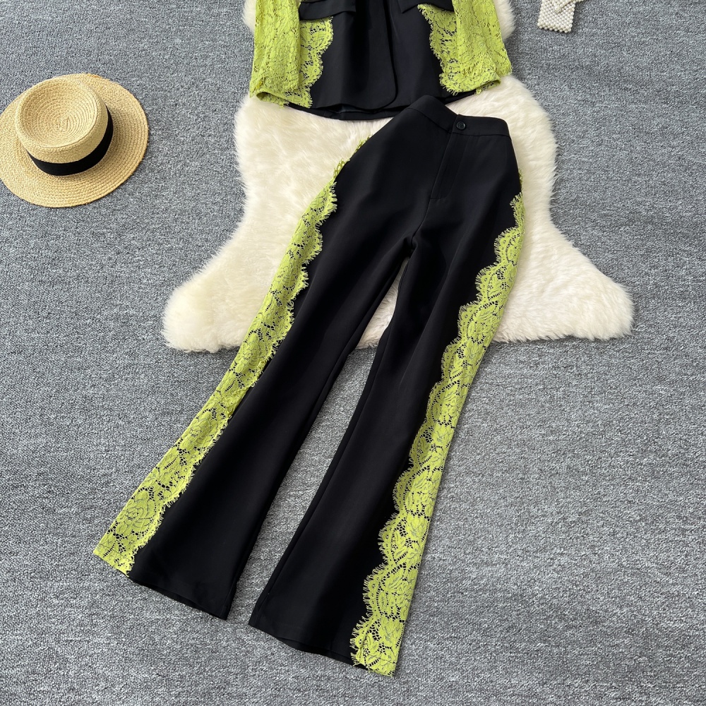 Mixed colors coat long sleeve suit pants a set for women