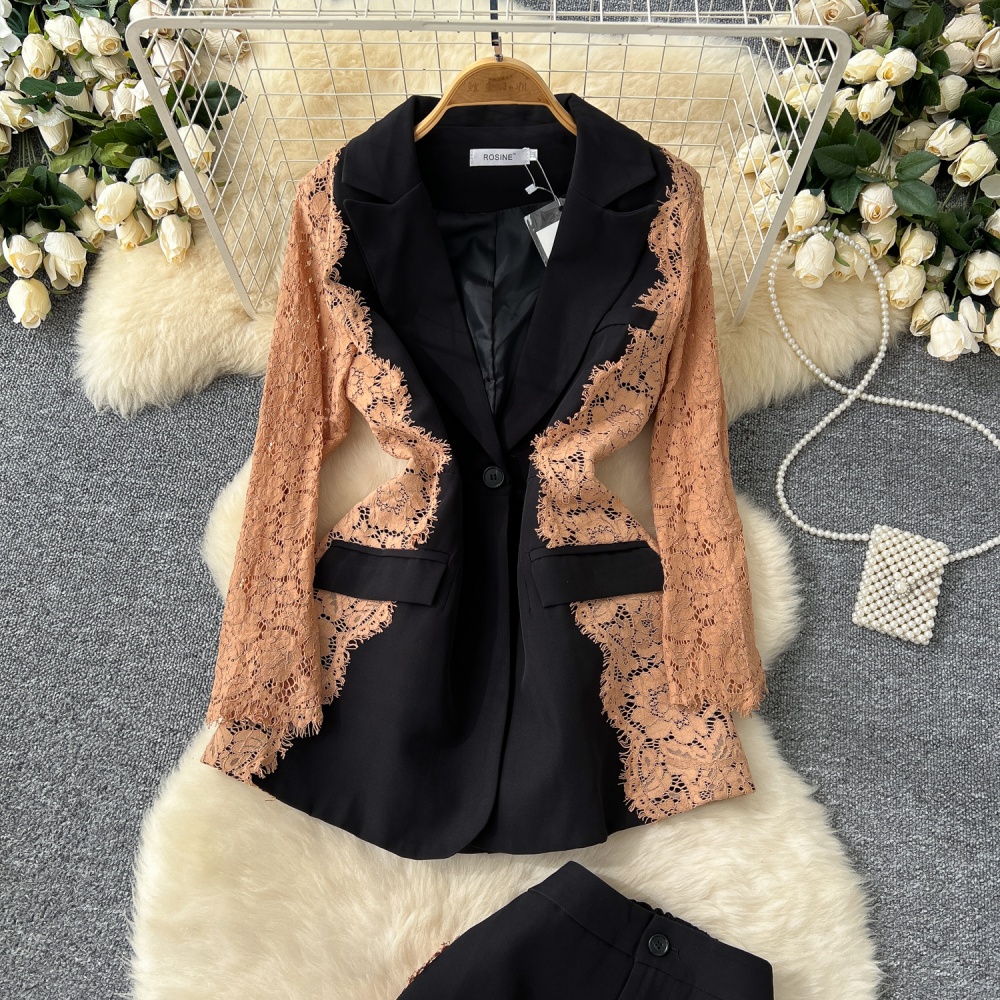 Mixed colors coat long sleeve suit pants a set for women