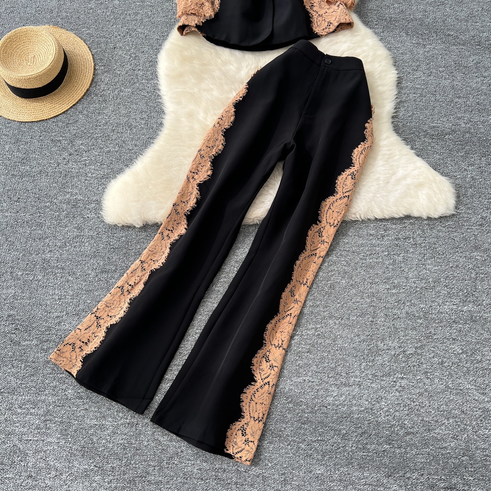 Mixed colors coat long sleeve suit pants a set for women