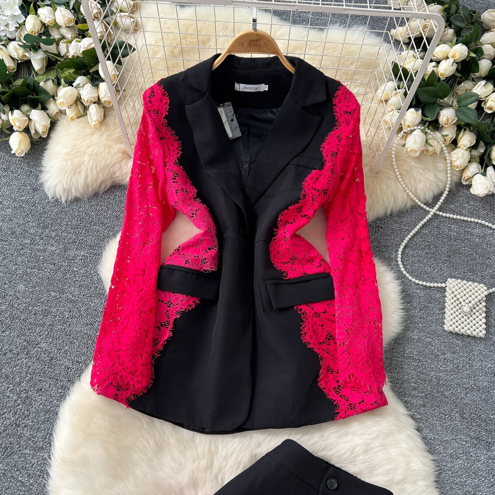 Mixed colors coat long sleeve suit pants a set for women