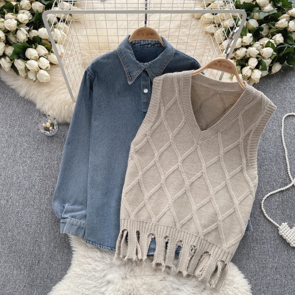 Korean style loose waistcoat denim Casual shirt 2pcs set