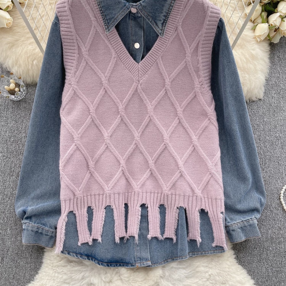 Korean style loose waistcoat denim Casual shirt 2pcs set