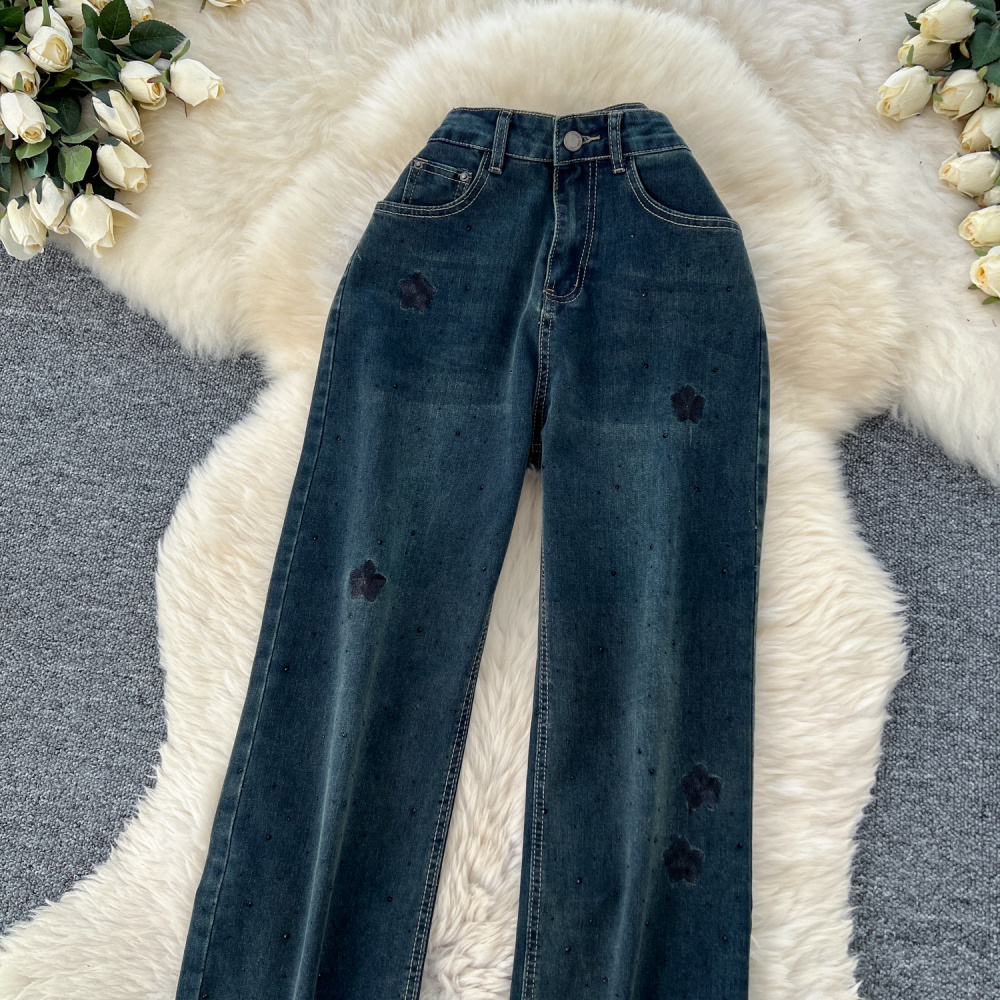 Slim high waist embroidery Casual rhinestone jeans for women