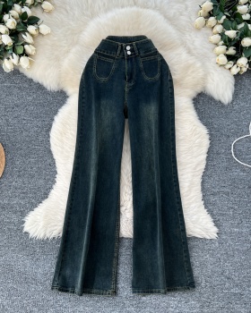 High waist pocket long pants loose slim jeans