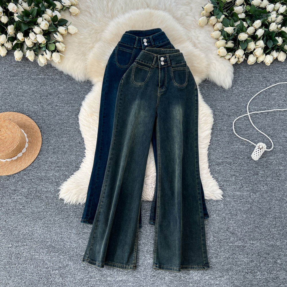 High waist pocket long pants loose slim jeans