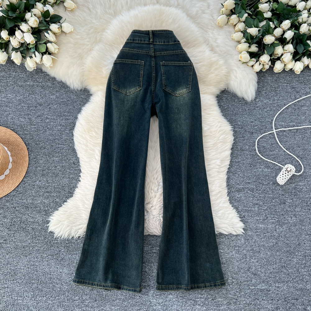 High waist pocket long pants loose slim jeans