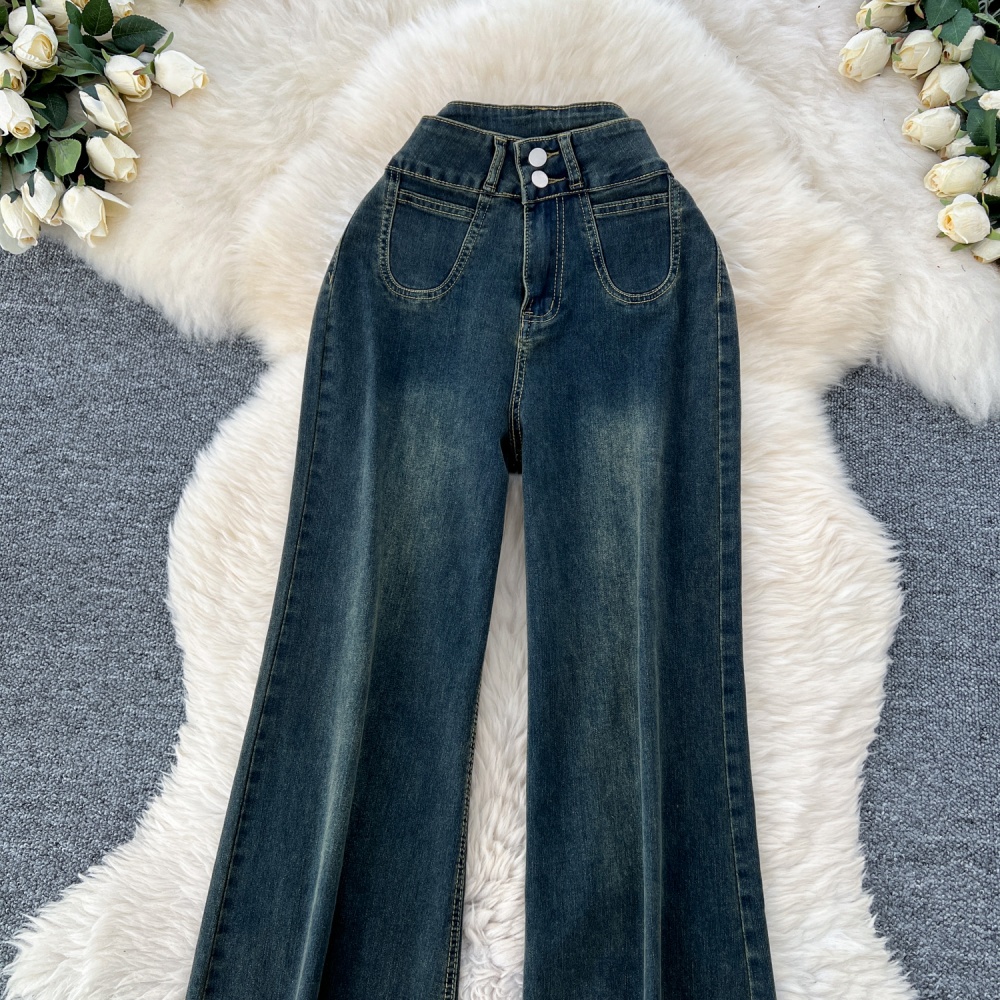 High waist pocket long pants loose slim jeans