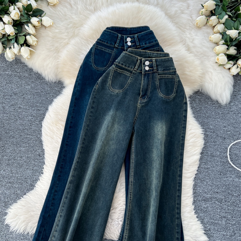 High waist pocket long pants loose slim jeans