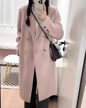 Temperament autumn and winter overcoat pink woolen woolen coat