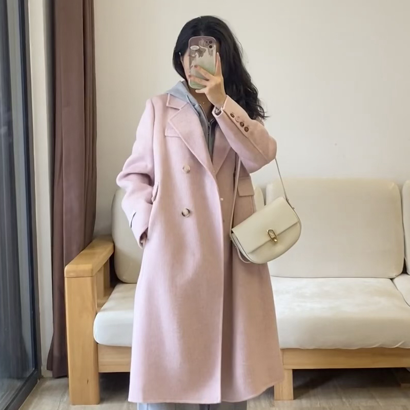 Temperament autumn and winter overcoat pink woolen woolen coat