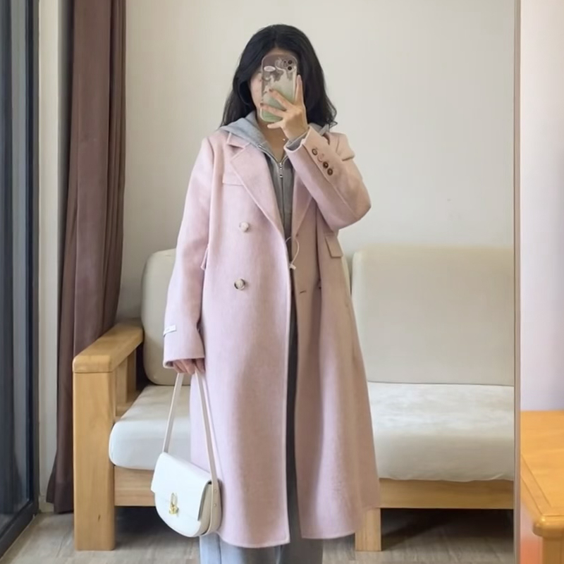 Temperament autumn and winter overcoat pink woolen woolen coat