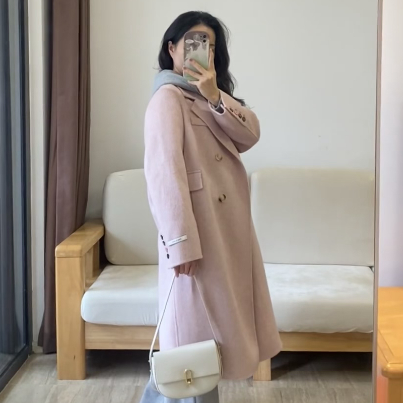 Temperament autumn and winter overcoat pink woolen woolen coat