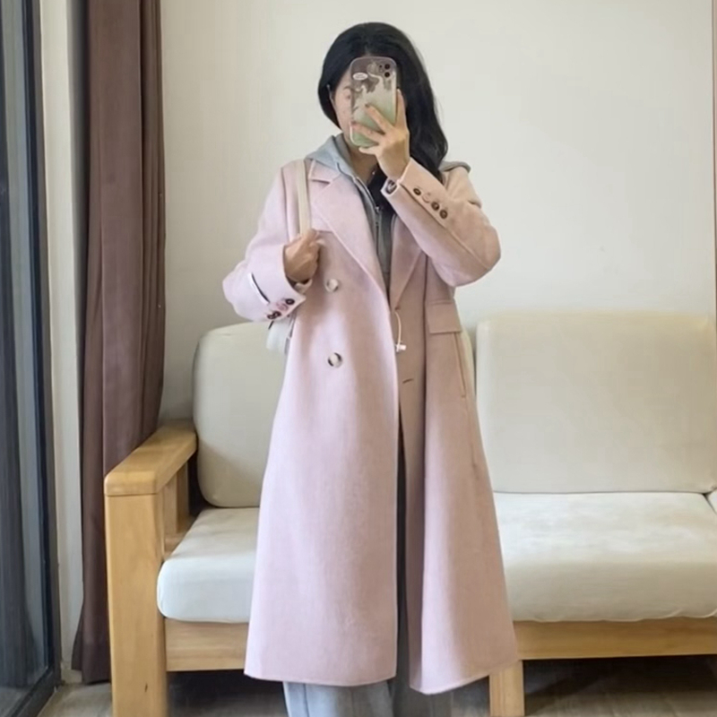 Temperament autumn and winter overcoat pink woolen woolen coat