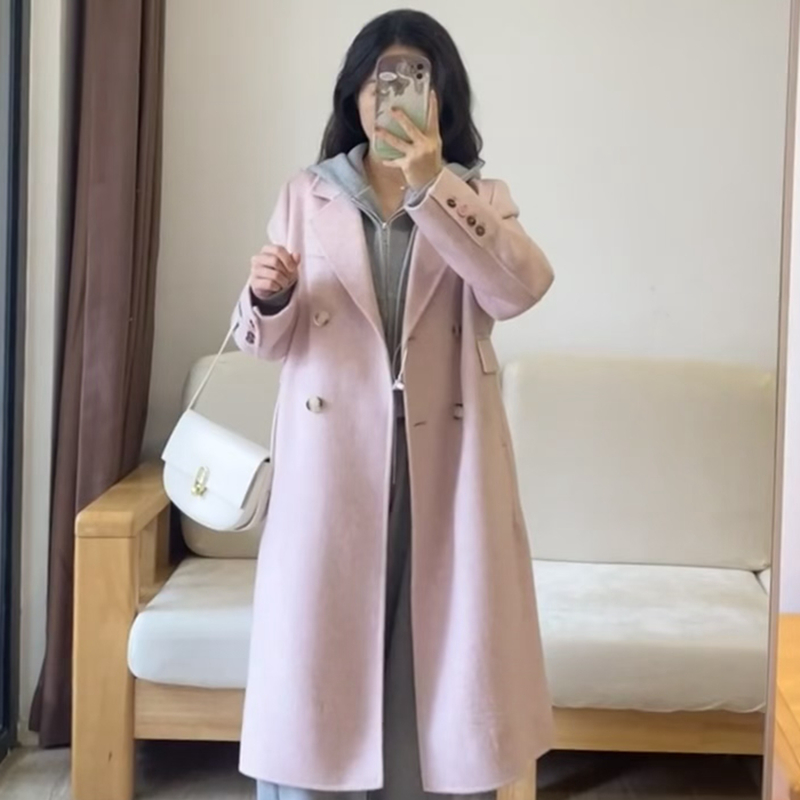 Temperament autumn and winter overcoat pink woolen woolen coat