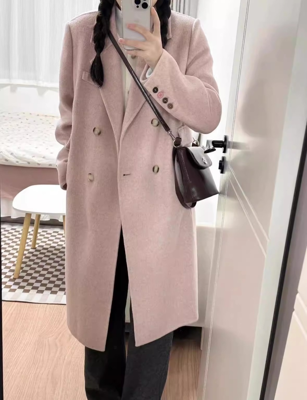 Temperament autumn and winter overcoat pink woolen woolen coat