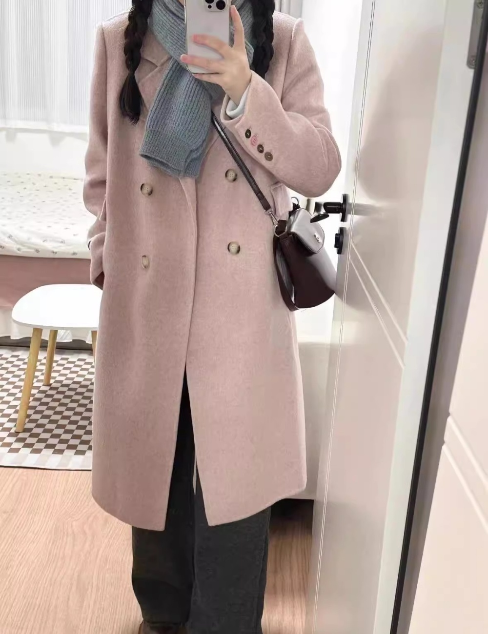 Temperament autumn and winter overcoat pink woolen woolen coat