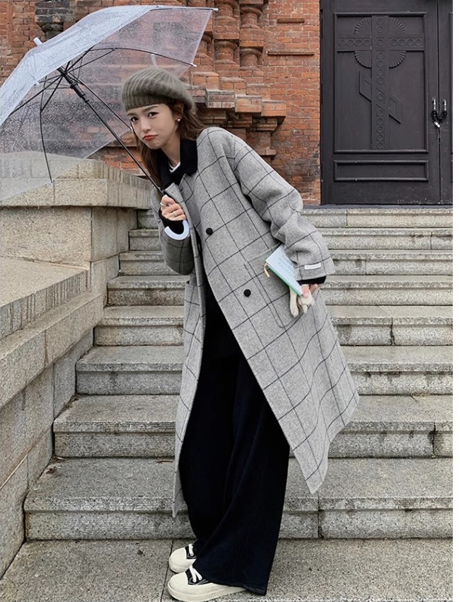 Plaid Korean style overcoat all-match woolen coat