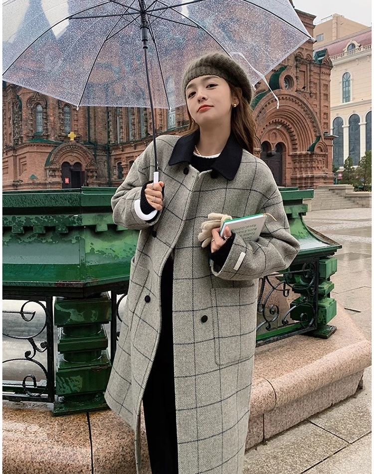 Plaid Korean style overcoat all-match woolen coat