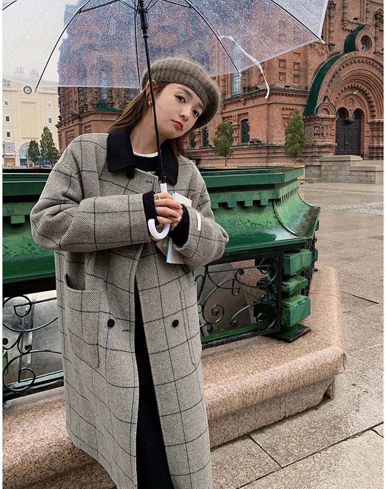 Plaid Korean style overcoat all-match woolen coat