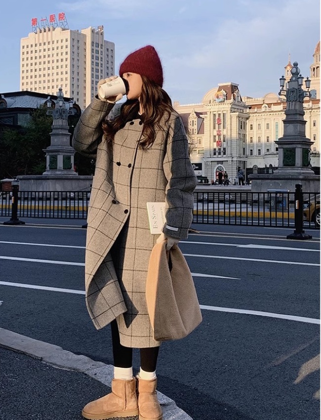 Plaid Korean style overcoat all-match woolen coat