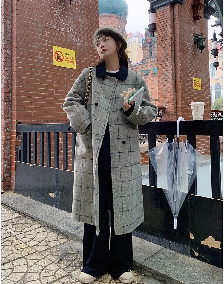 Plaid Korean style overcoat all-match woolen coat