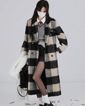 Long Korean style overcoat plaid Hepburn style woolen coat