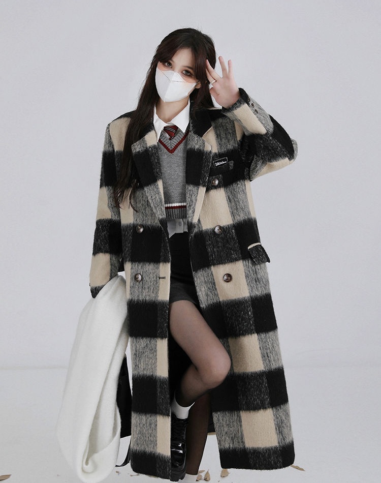 Long Korean style overcoat plaid Hepburn style woolen coat