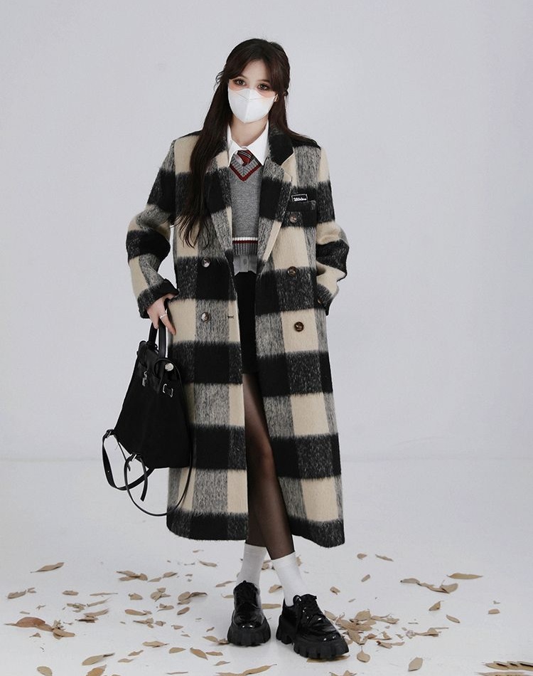 Long Korean style overcoat plaid Hepburn style woolen coat