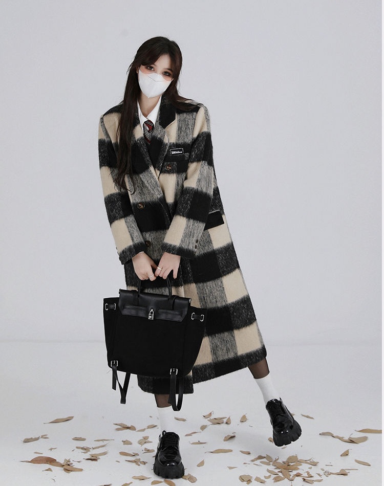 Long Korean style overcoat plaid Hepburn style woolen coat