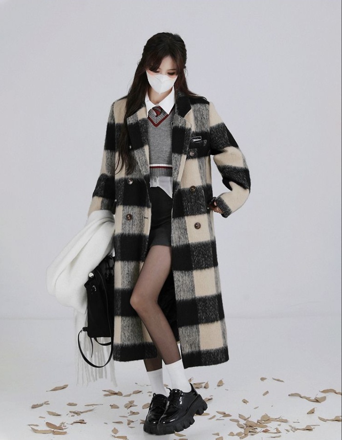 Long Korean style overcoat plaid Hepburn style woolen coat