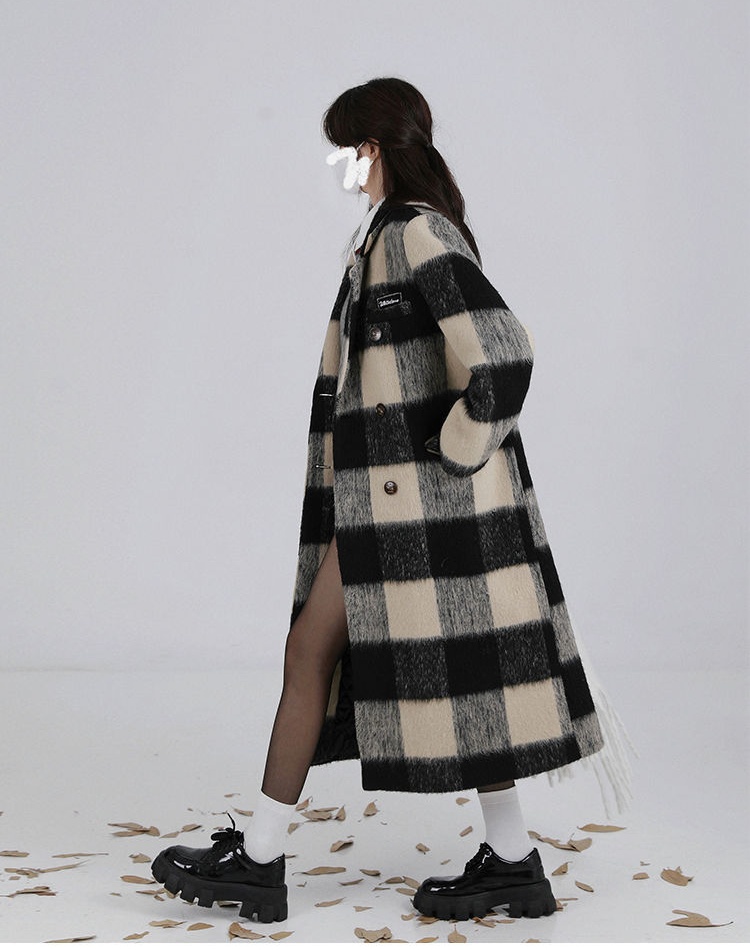 Long Korean style overcoat plaid Hepburn style woolen coat