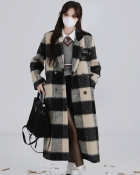 Plaid black-white overcoat Korean style long woolen coat