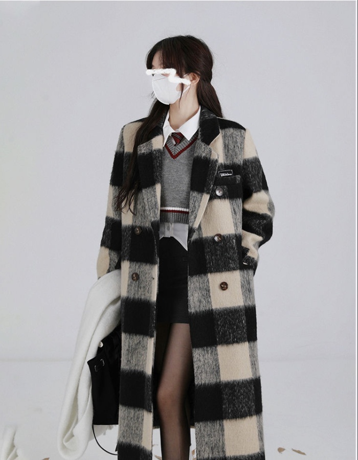 Plaid black-white overcoat Korean style long woolen coat