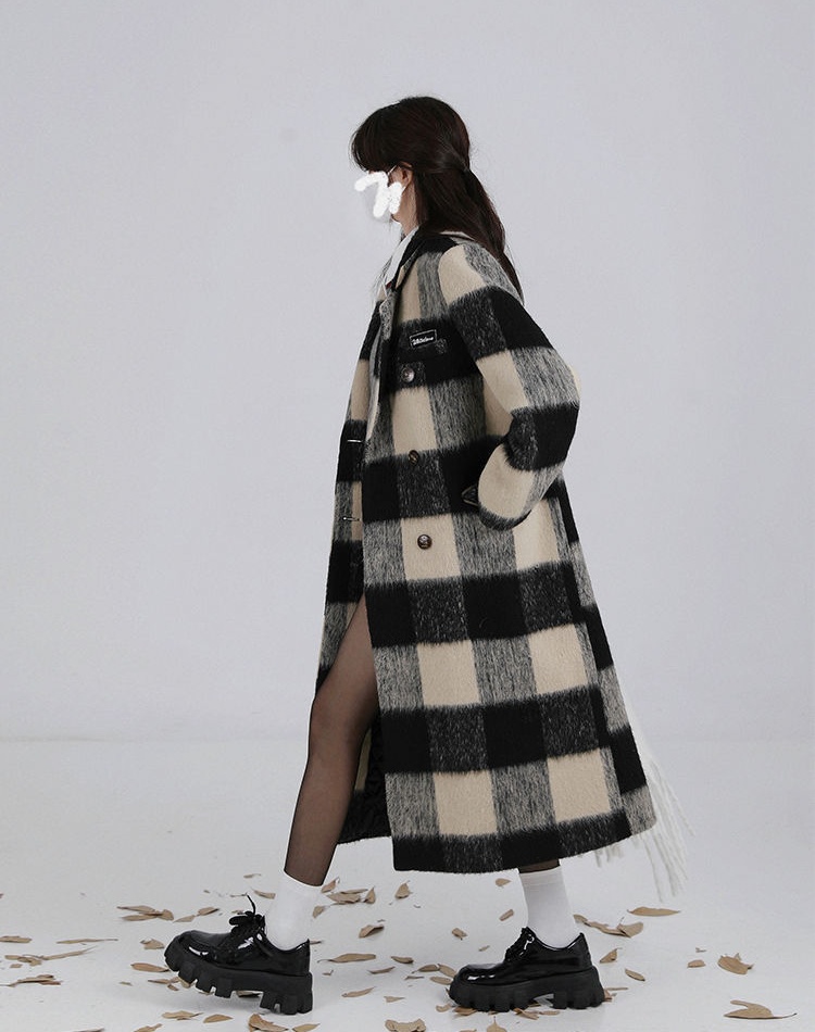 Plaid black-white overcoat Korean style long woolen coat