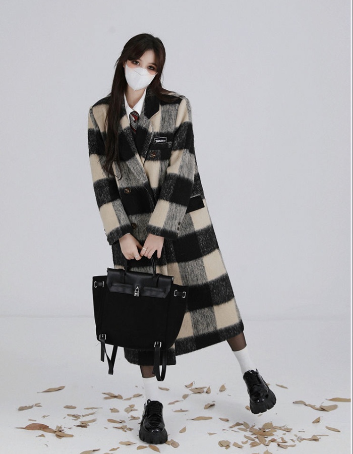 Plaid black-white overcoat Korean style long woolen coat