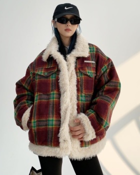 Splice winter plaid cotton coat American style retro coat