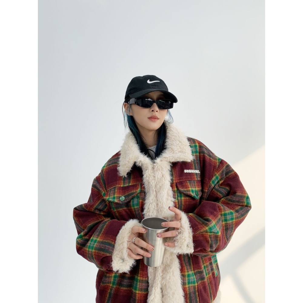 Splice winter plaid cotton coat American style retro coat