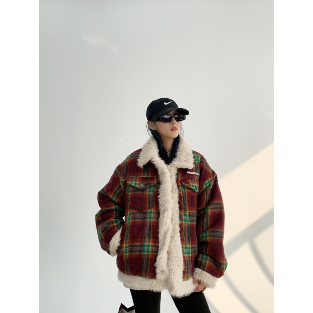 Splice winter plaid cotton coat American style retro coat