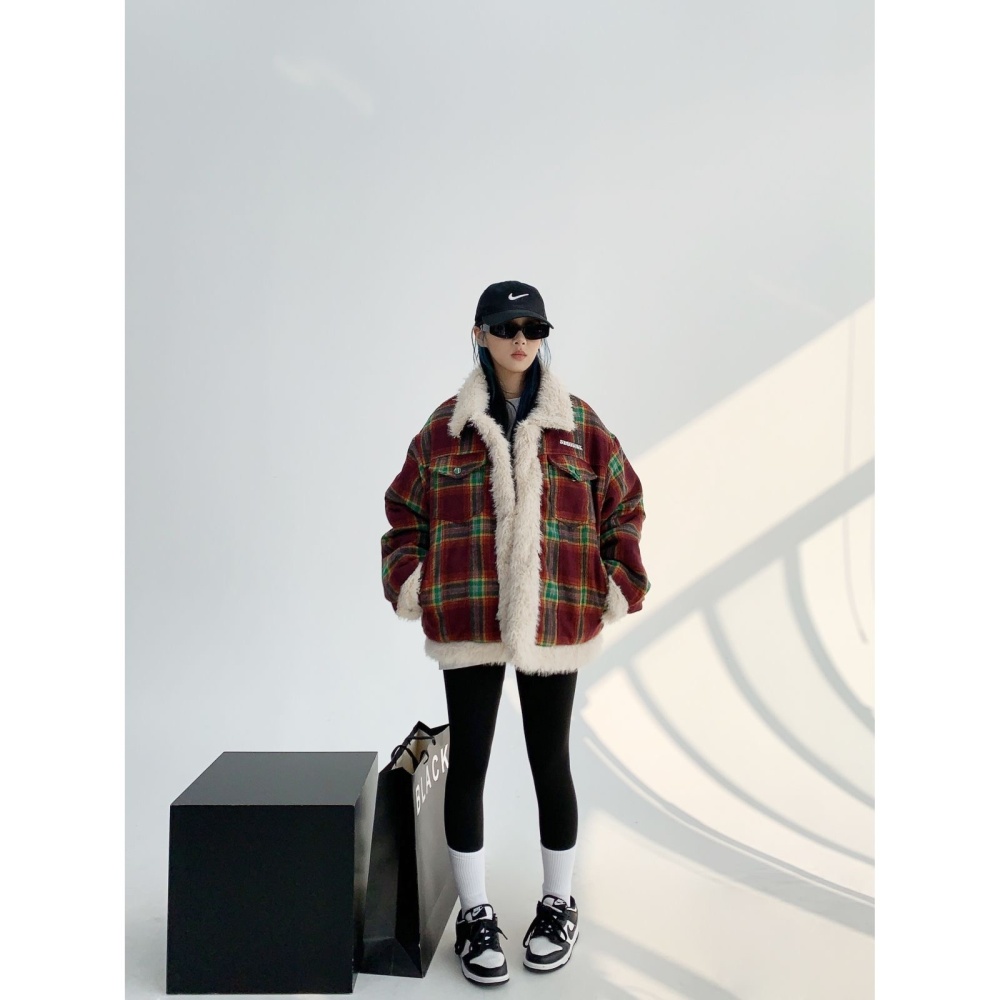 Splice winter plaid cotton coat American style retro coat