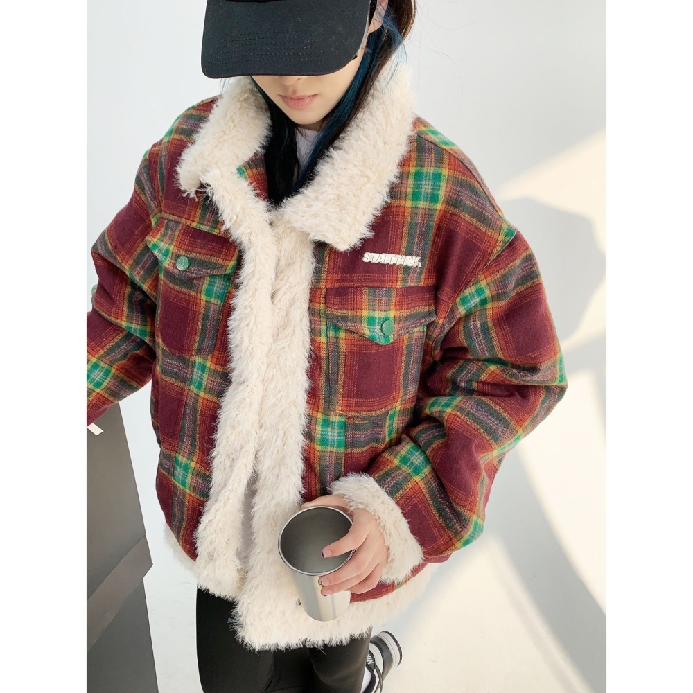 Splice winter plaid cotton coat American style retro coat